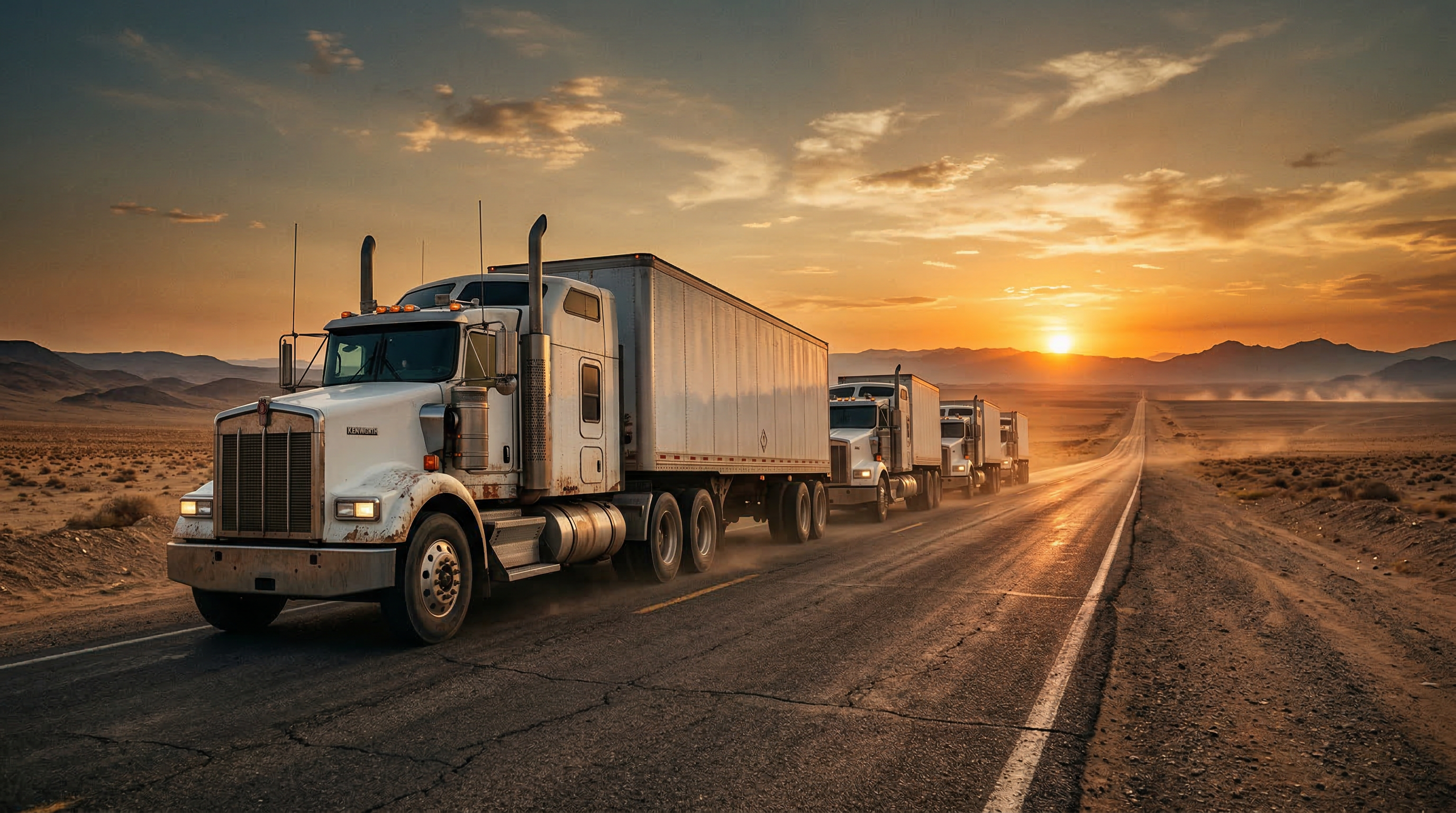 Commercial truck convoy on desert highway at sunset
